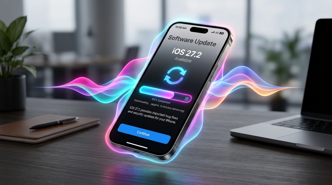 iOS 27.2 update installation interface on flagship smartphone with glowing Siri AI soundwave waves