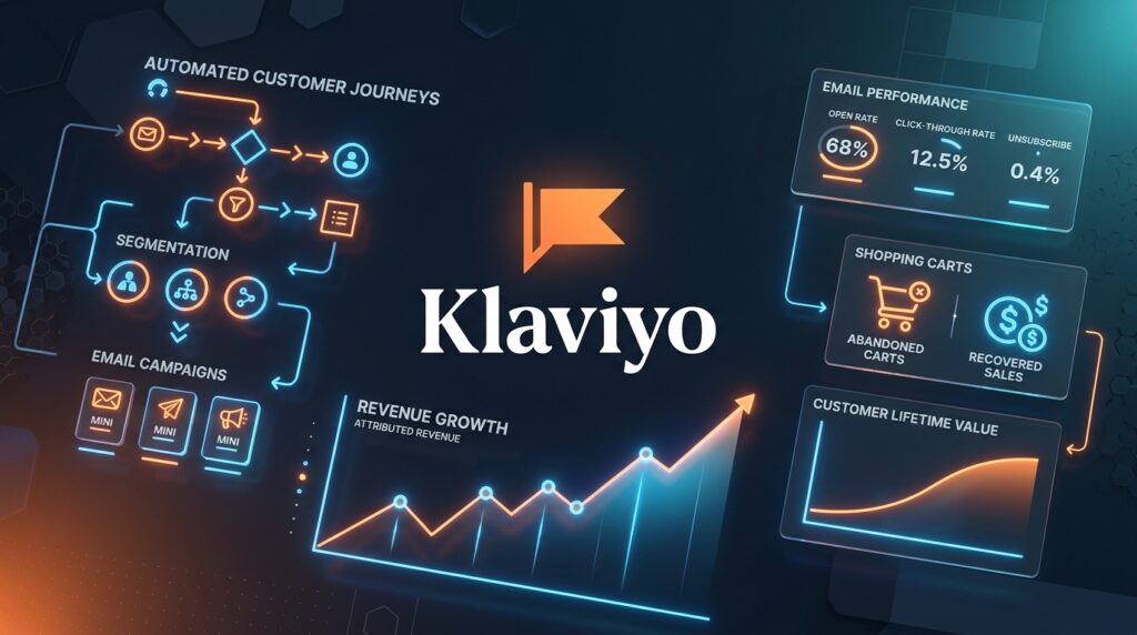 Comprehensive Klaviyo Review featuring official Klaviyo branding and ecommerce marketing analytics dashboard