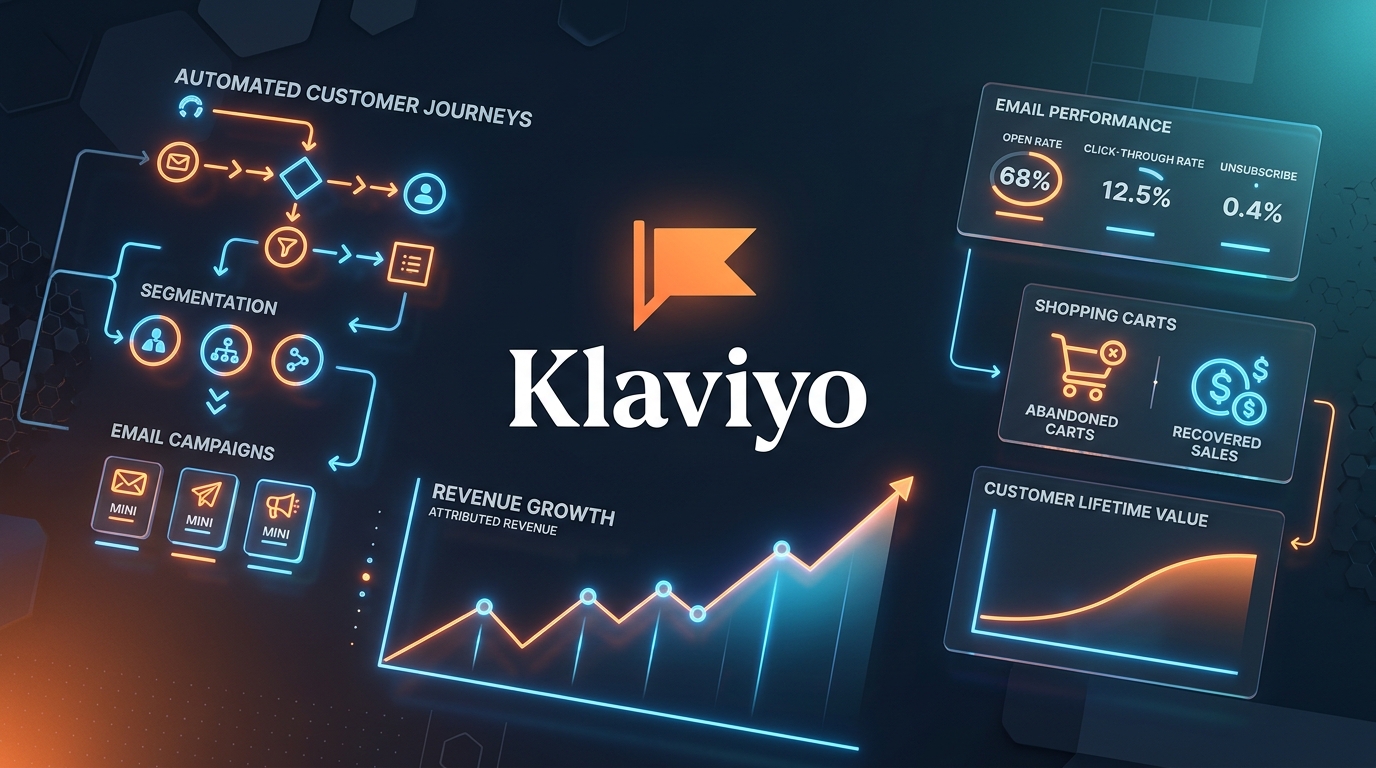 Comprehensive Klaviyo Review featuring official Klaviyo branding and ecommerce marketing analytics dashboard