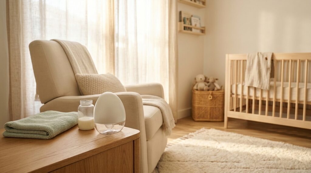 Momcozy breast pump and nursery essentials on a wooden side table in a bright, modern nursery