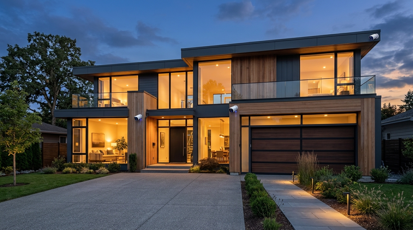 Reolink security cameras mounted on a modern home exterior at dusk showing smart home surveillance setup