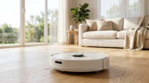 Roborock robot vacuum buying guide showing premium robot vacuum cleaning hardwood floors in a modern home